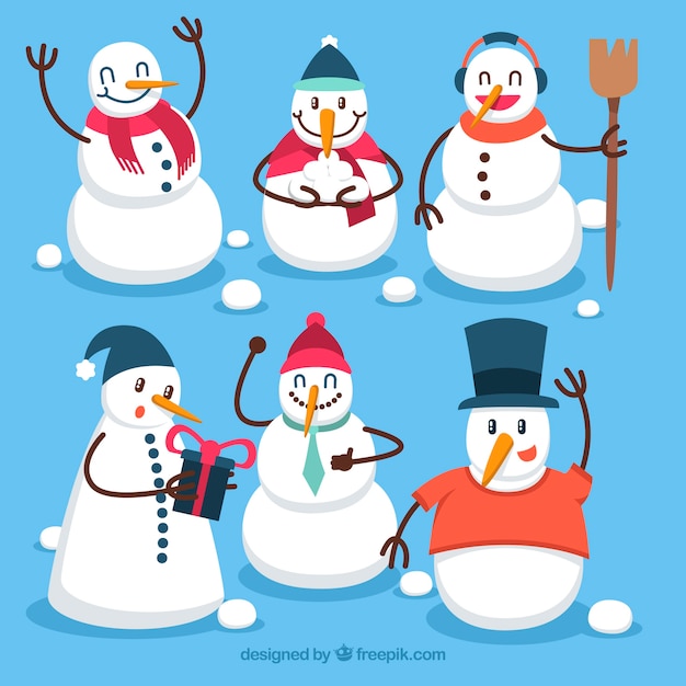 Free vector various snowmen with accessories