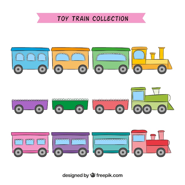 Various toy trains in pastel colors