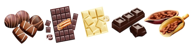 Various types of chocolate and cocoa beans