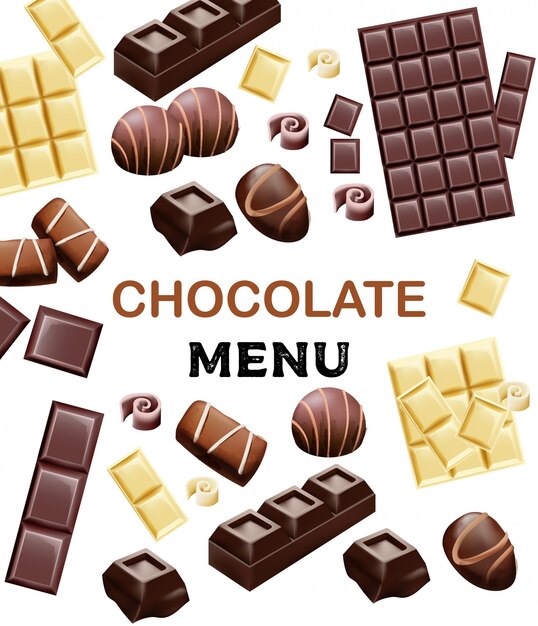 Various types of chocolate and cocoa beans