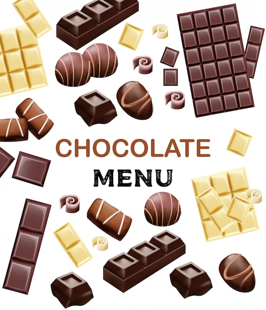 Various types of chocolate and cocoa beans