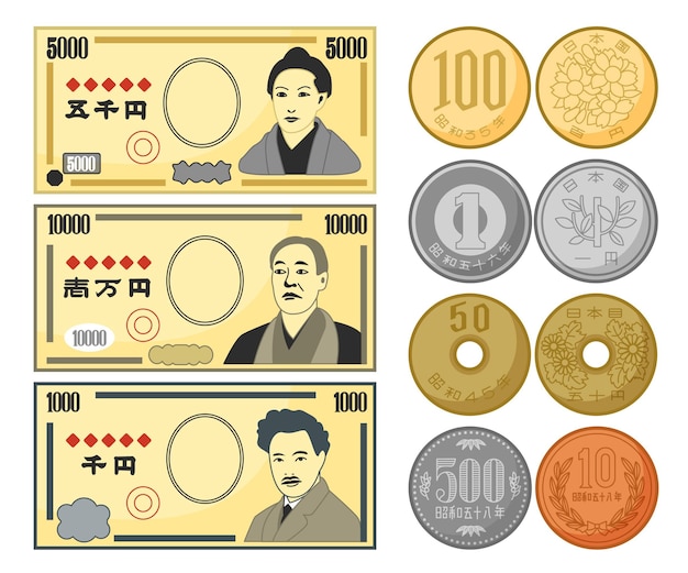 Free vector various types of yen banknotes and coins