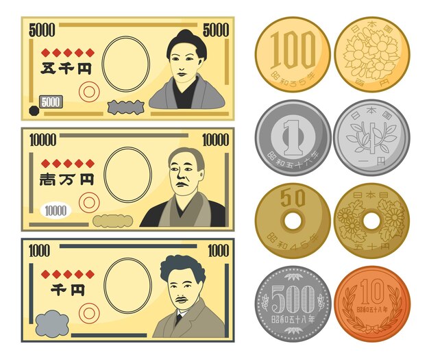 Различные типы банкнот и монет иен