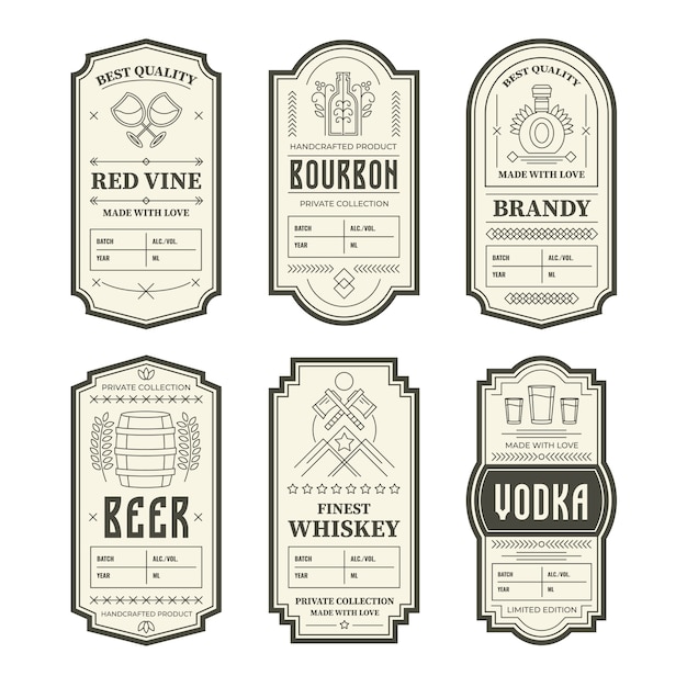 Various vintage alcohol bottle labels