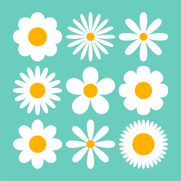 Various white daises on blue background cartoon illustration set. Camomiles or chamomiles with different petals. Seamless floral pattern. Blossom, spring flowers, summer concept