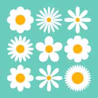 무료 벡터 파란색 배경 만화 그림 세트에 다양한 흰색 데이지. 다른 꽃잎을 가진 camomiles 또는 chamomiles. 완벽 한 꽃 패턴입니다. 꽃, 봄 꽃, 여름 개념