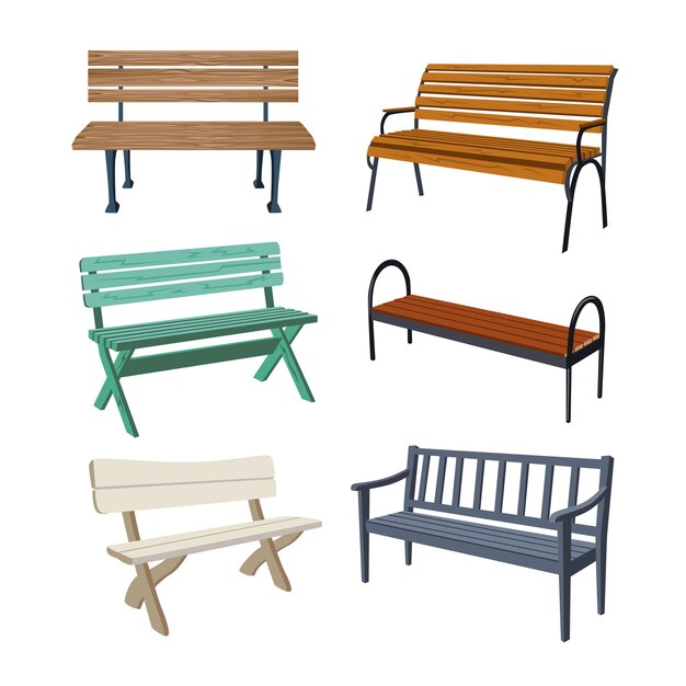 Набор иллюстраций к различным деревянным скамейкам в парке. Красочные садовые или городские скамейки для отдыха на свежем воздухе или украшения общественных мест. Мебель, концепция благоустройства города