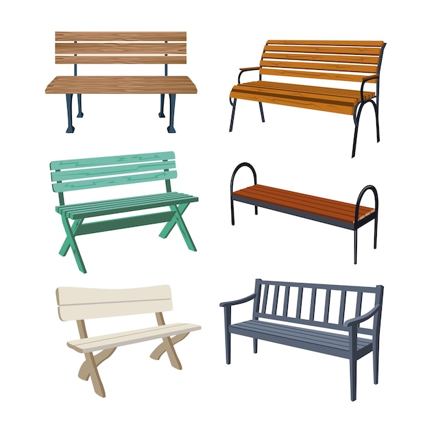 Various wooden park benches cartoon illustration set. Colorful garden or city benches for outdoor relaxation or public spaces decoration. Furniture, urban beautification concept