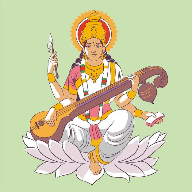 Free Vector vasant panchami festival saraswati and instrument