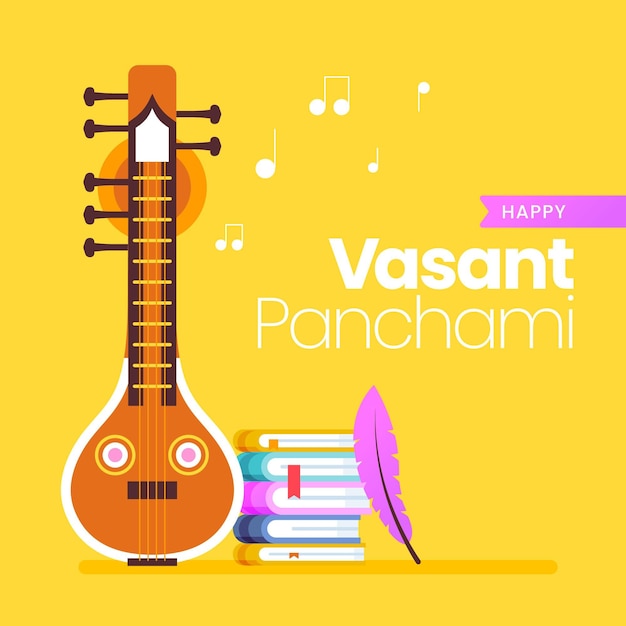 Vettore gratuito vasant panchami design piatto chitarra e libri