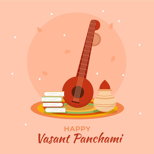 무료 벡터 veena 악기와 vasant panchami 그림