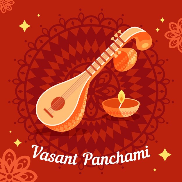 Vasant panchami illustration with veena instrument