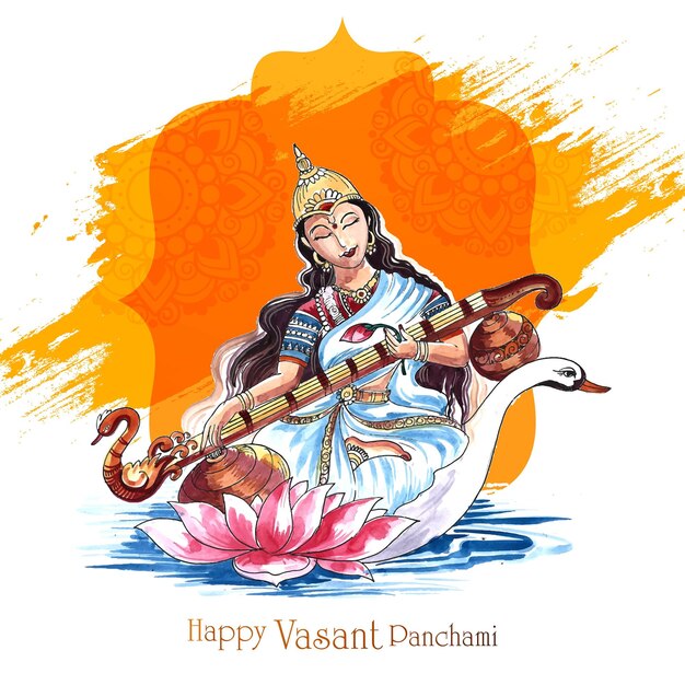 인도 신 사라스와티 마 축하 카드 배경에 Vasant Panchami