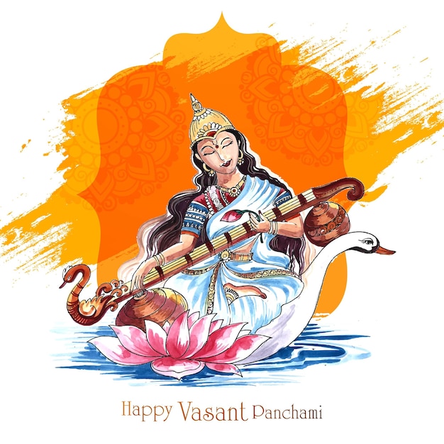 인도 신 사라스와티 마 축하 카드 배경에 Vasant Panchami