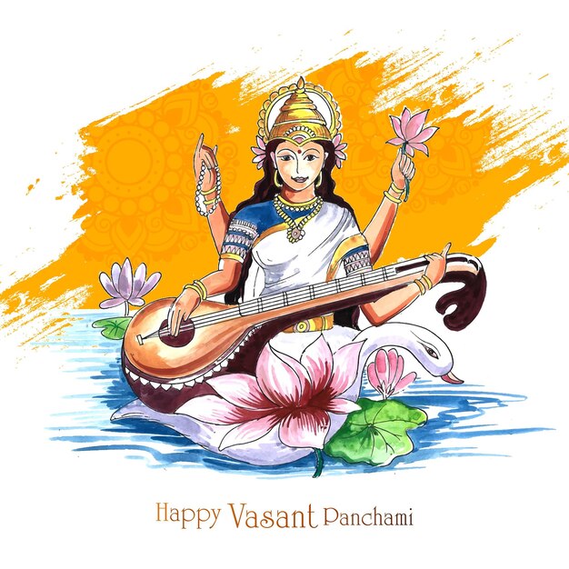 인도 신 사라스와티 마 축하 카드 배경에 Vasant Panchami