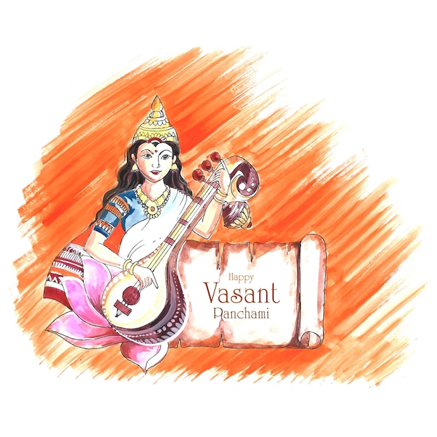 인도 신 사라스와티 마(Saraswati Maa) 종교 카드 디자인의 Vasant Panchami