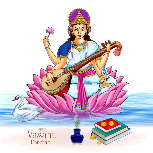 Vettore gratuito vasant panchami sul dio indiano saraswati maa disegno di carta religiosa