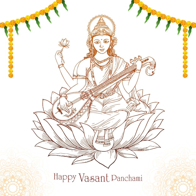 Free vector vasant panchami on indian god saraswati maa sketch religious card design