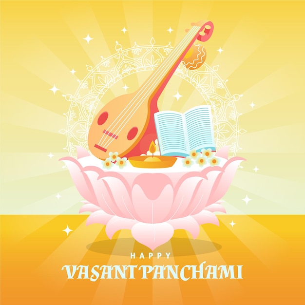 무료 벡터 vasant panchami 악기와 태양 광선