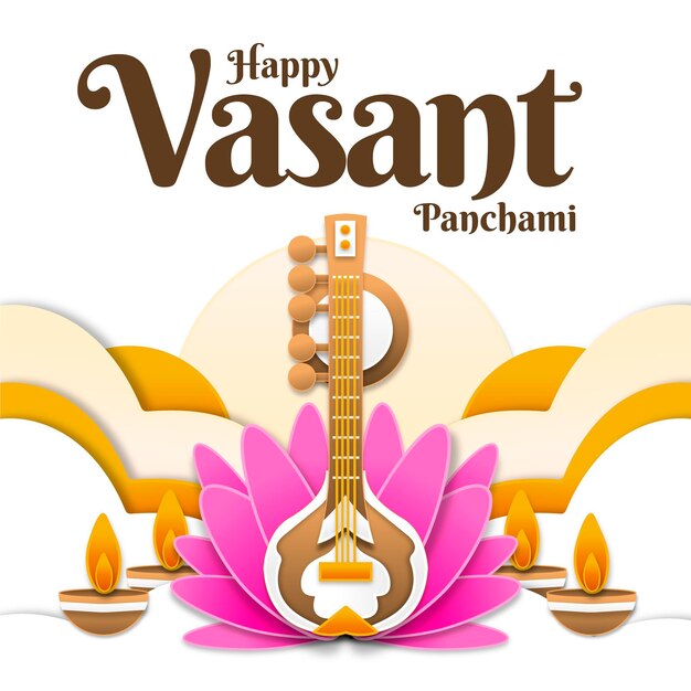 Vettore gratuito strumento musicale vasant panchami e fiore di lotul