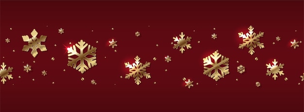 Free vector vecotr banner illustration. red horizontal banner with golden snow flakes.