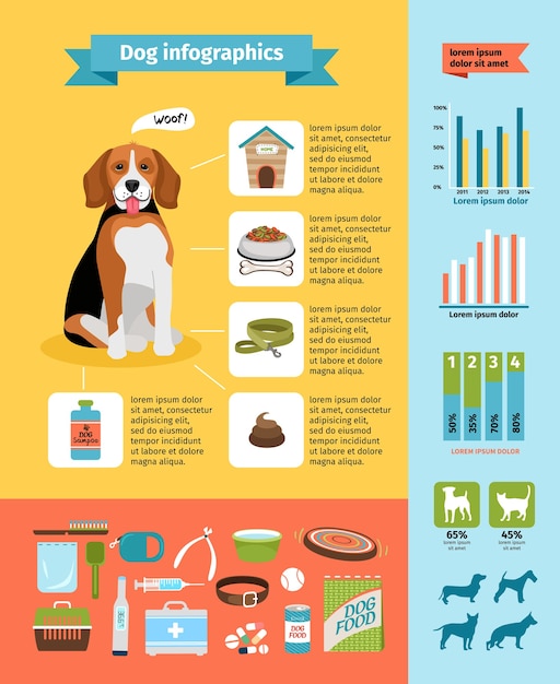 Vettore gratuito infografiche per cani vecto, cibo per cani e cuccia, veterinaria e toelettatura, collare per cani e mostre canine