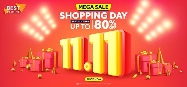Vector of 1111 shopping day poster or banner with gift box and spotlight background