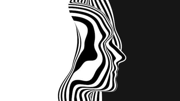 Vettore gratuito testa umana astratta 3d vettoriale fatta di strisce bianche e nere illustrazione monocromatica della superficie dell'ondulazione profilo della testa affettato layout dal design minimalista per presentazioni aziendali volantini poster