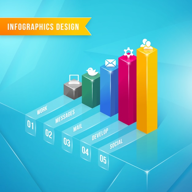 Vettore 3d elemento infografica grafico a barre con icone e testo