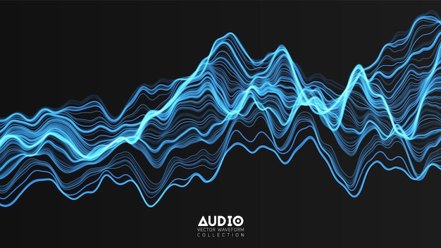 スペクトルからのベクトル3dエコーオーディオ波抽象的な音楽波振動グラフ未来の音波の視覚化青く光るインパルスパターン合成音楽技術のサンプル