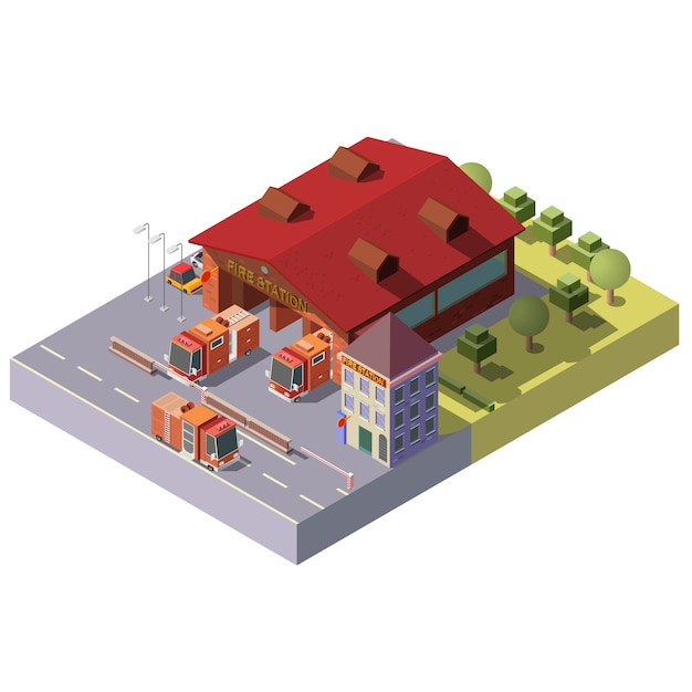 Free vector vector 3d isometric fire station. municipal service