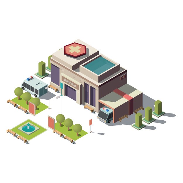 Vector 3d isometric hospital, ambulance with parking