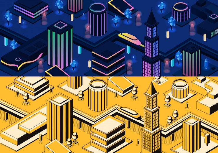 Free Vector vector 3d isometric modern city - metropolis in blue and yellow colors or town in line art style