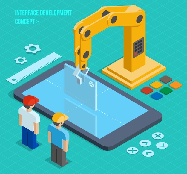 Vector 3d isometric user interface development concept. Application and software, screen and phone