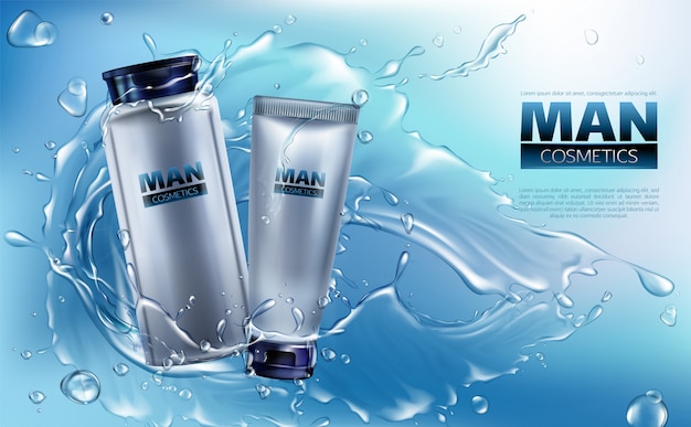 無料ベクター 水しぶきで男性のためのベクトル3 dリアルな化粧品。