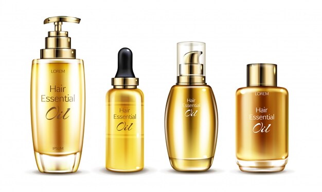 Vector 3d realistic essence in golden glass bottle with pump dispenser. Hair serums in different packaging
