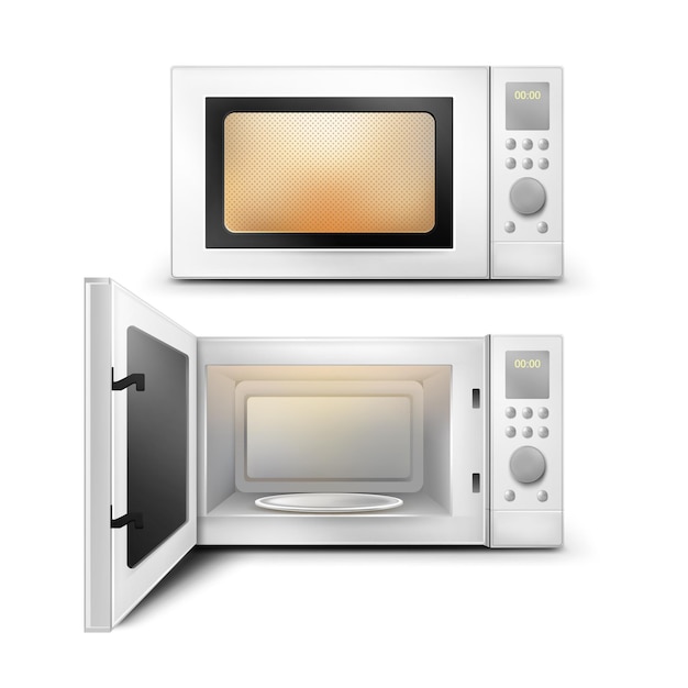 Вектор 3d реалистичная микроволновая печь с подсветкой, таймером и пустой стеклянной пластиной внутри вид спереди, изолированные на белом фоне. Бытовой прибор с открытой и закрытой дверцей для нагрева и размораживания продуктов, для приготовления пищи