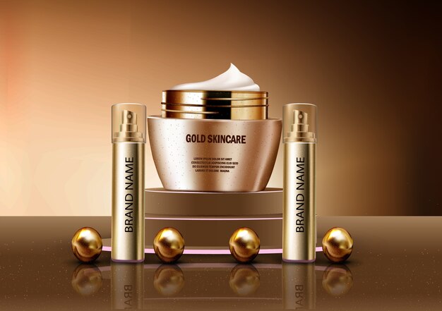 Vector 3d realistic mock up of perfume and gold skincare lotion cosmetics