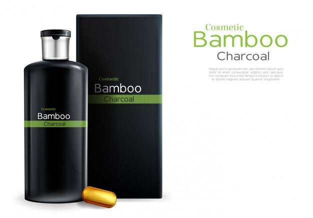 Vector 3d realistic package with shampoo, cosmetics with bamboo and charcoal.