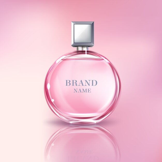 女性のための3 dのリアルな香水瓶をベクトルします。ピンクの液体と光沢のあるガラス容器