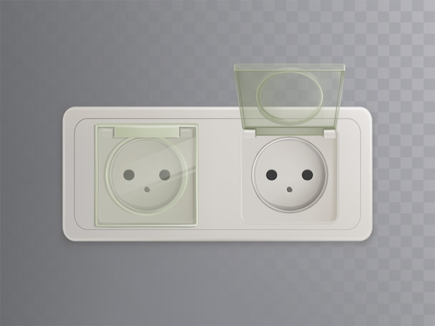 Vector 3d realistic power socket with plastic caps, covers for protection, child-proofed system