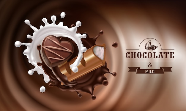 Free vector vector 3d splashes of melted chocolate and milk with falling piece of chocolate bar and candy