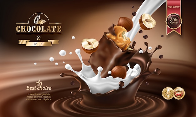 Vector 3D splashes of melted chocolate and milk with falling piece of chocolate bar.