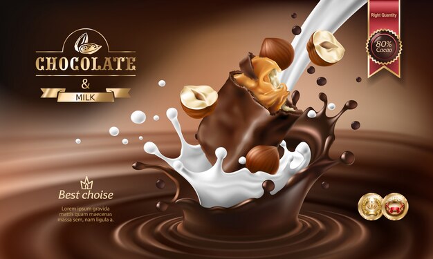 Vector 3D splashes of melted chocolate and milk with falling piece of chocolate bar.