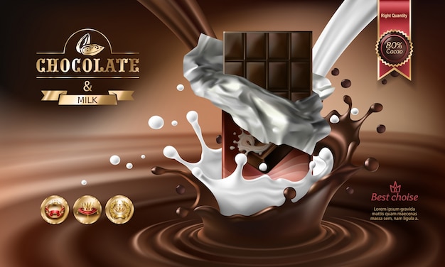 Free vector vector 3d splashes of melted chocolate and milk with falling pieces of chocolate bars.