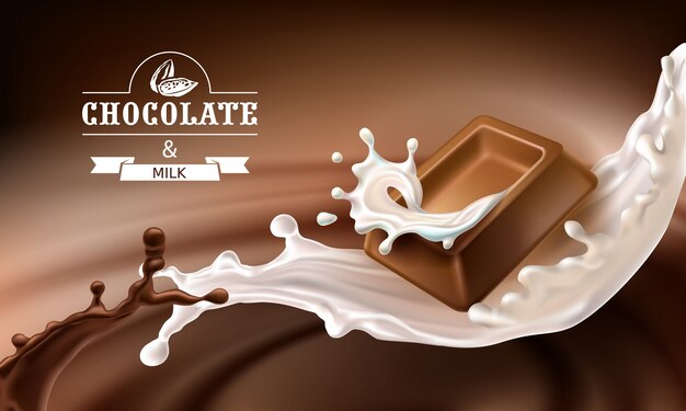 Vector 3D splashes of melted chocolate and milk with falling pieces of chocolate bars.