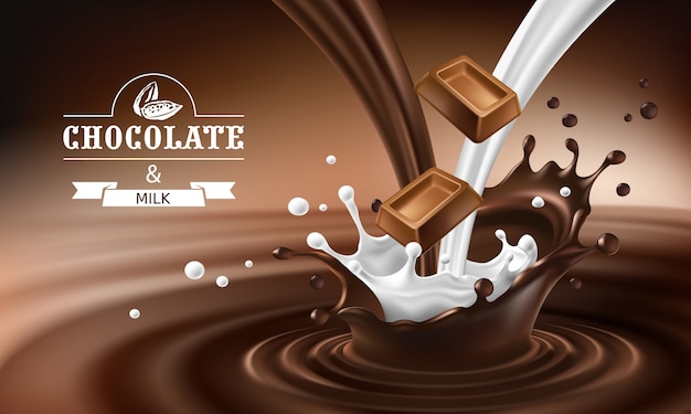 Vector 3d splashes of melted chocolate and milk with falling pieces of chocolate bars.