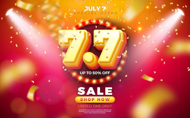 Vector 7 july shopping day flash sale design с 3d 77 номером и рекламным щитом с лампочкой