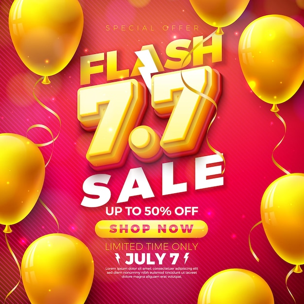 Vector 7 luglio shopping day design di vendita flash con numero 7 7 e palloncino per feste su sfondo rosso