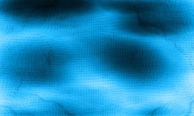 Векторная визуализация абстрактных больших данных. Синий светящийся поток данных в виде двоичных чисел. Представление компьютерного кода. Криптографический анализ, взлом.